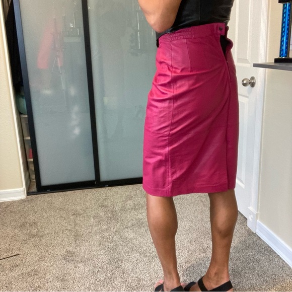 80s vintage pink leather skirt stretch waist genuine, leather skirt - Picture 2 of 9